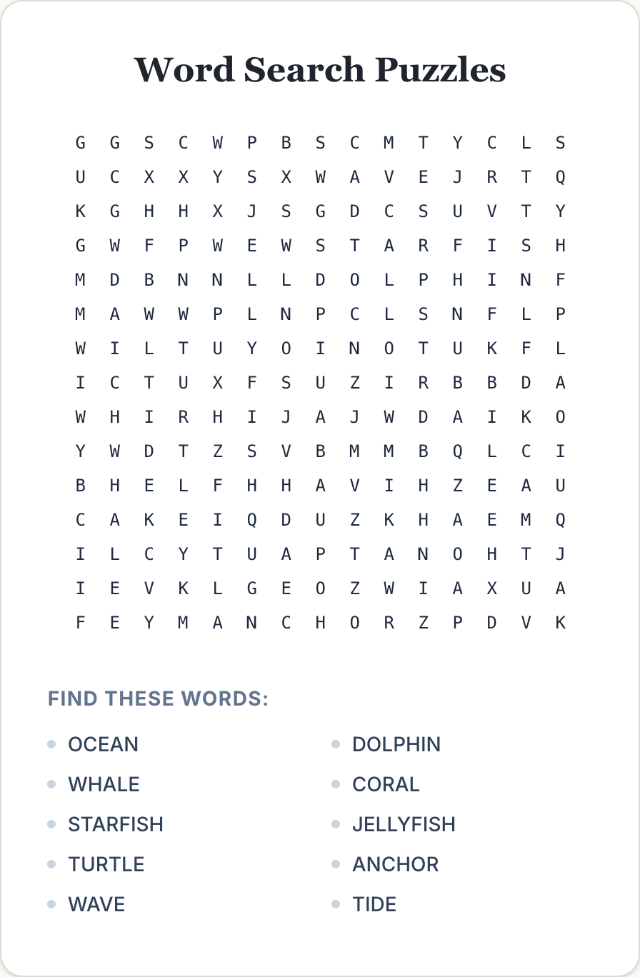 ocean-themed word search puzzle grid with ten hidden words including WHALE, STARFISH, JELLYFISH and ANCHOR