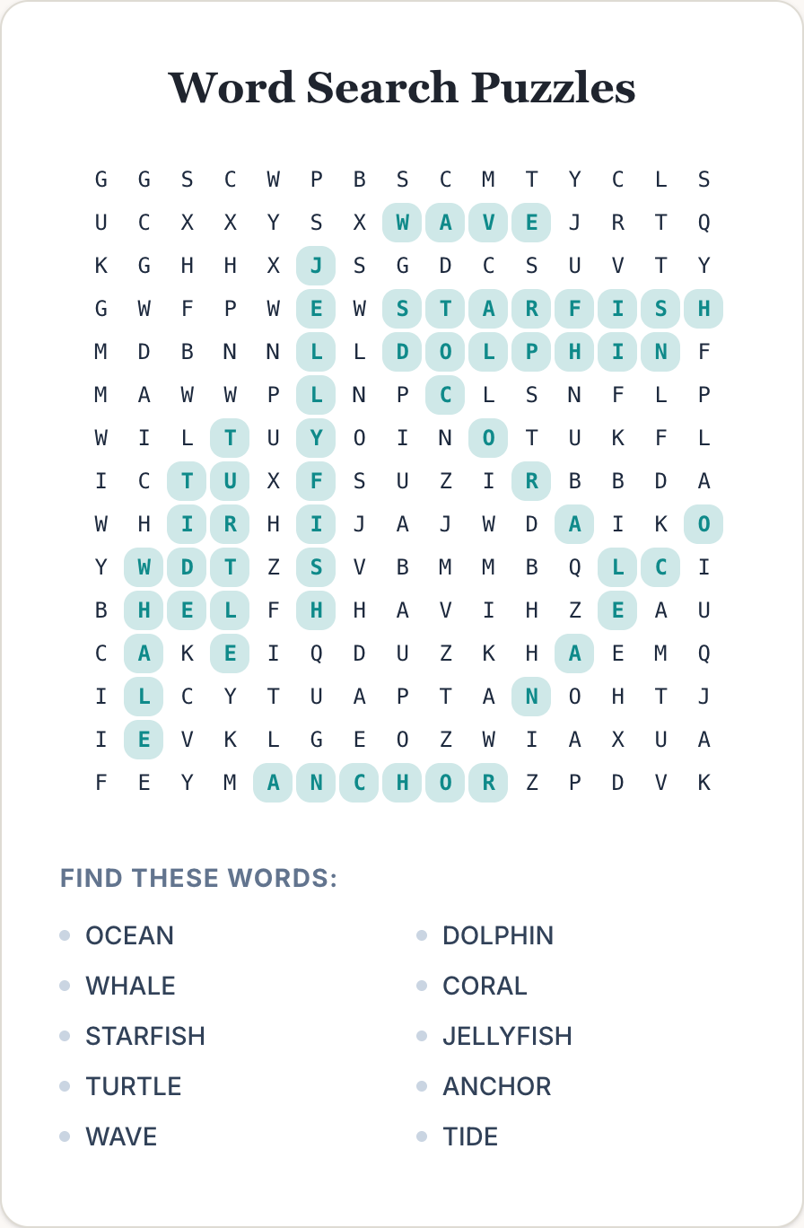 ocean word search answer key with all ten hidden words highlighted in teal including WAVE, STARFISH, DOLPHIN and ANCHOR