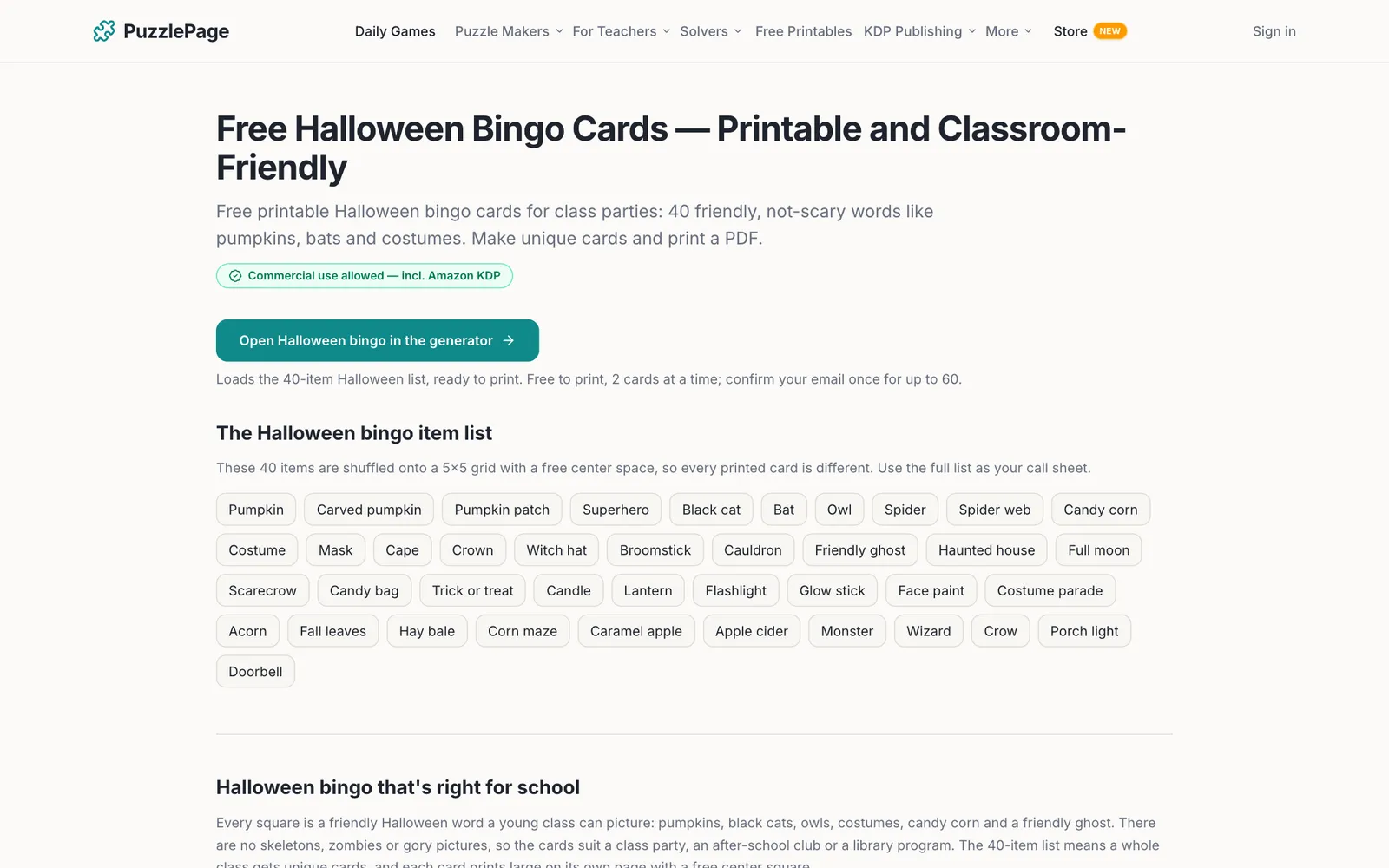Halloween bingo cards printable preset page with a classroom-friendly 40-item word list