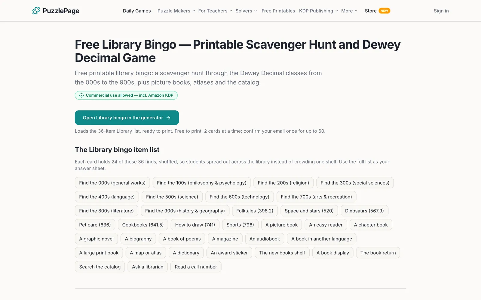 library bingo scavenger hunt preset with Dewey Decimal classes for school librarians