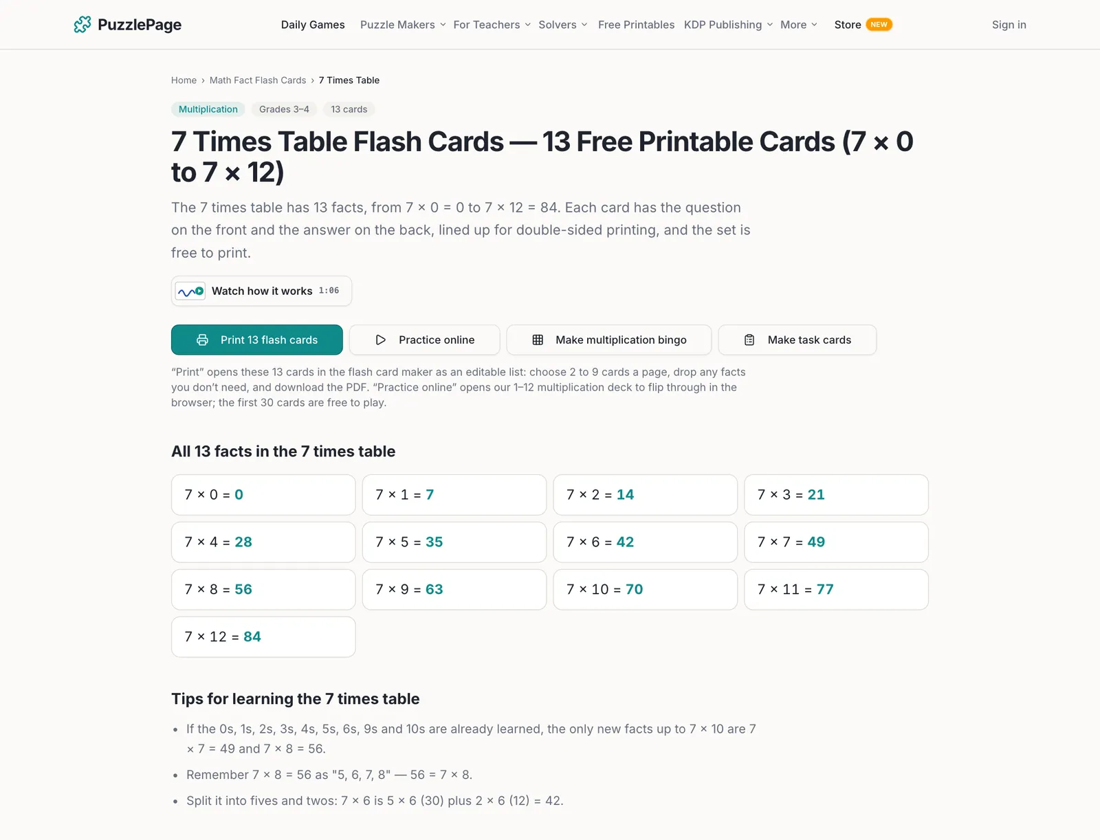 multiplication flash cards printable page for the 7 times table with all 13 facts