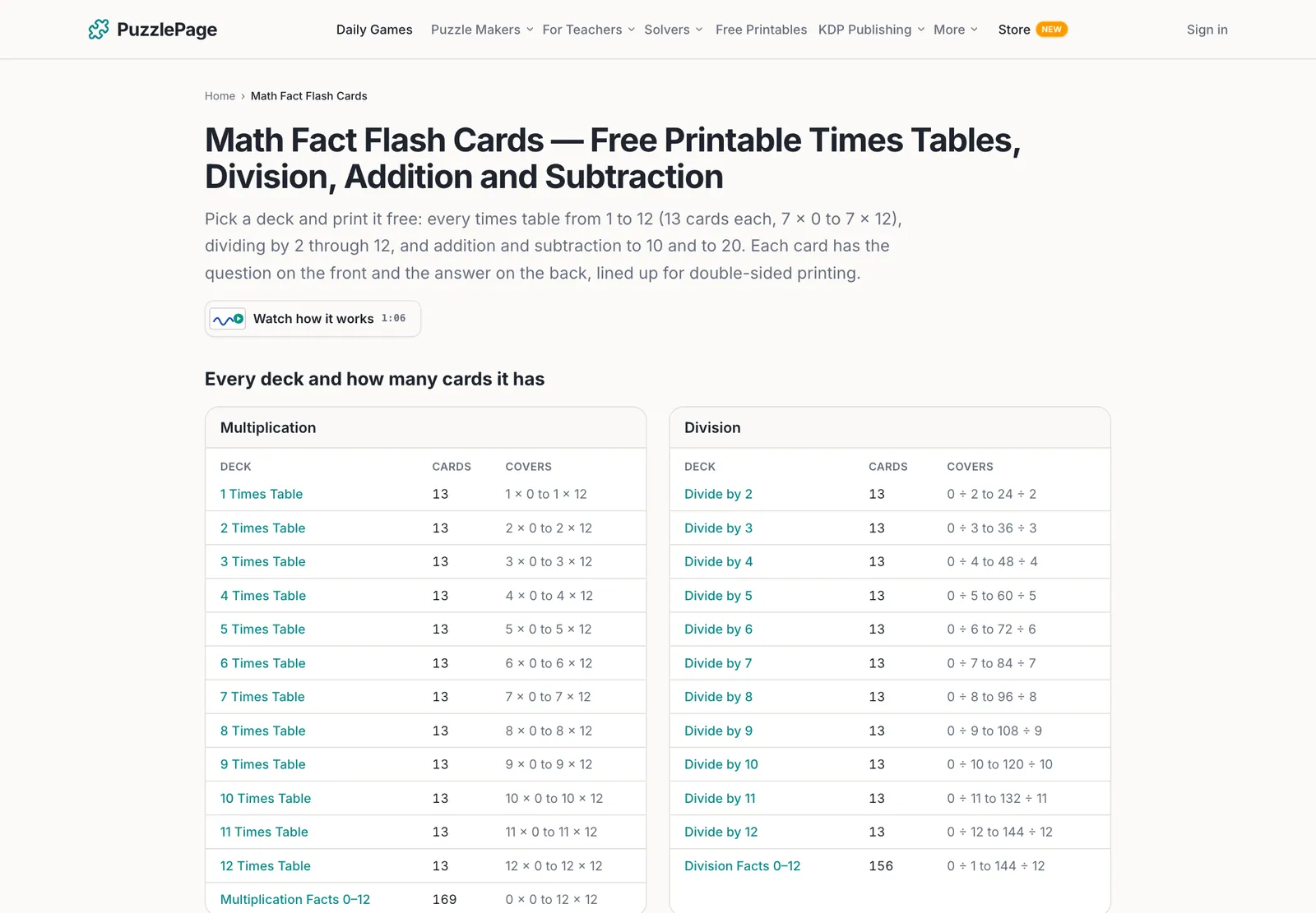 math fact flash cards hub listing every times table, division, addition and subtraction deck