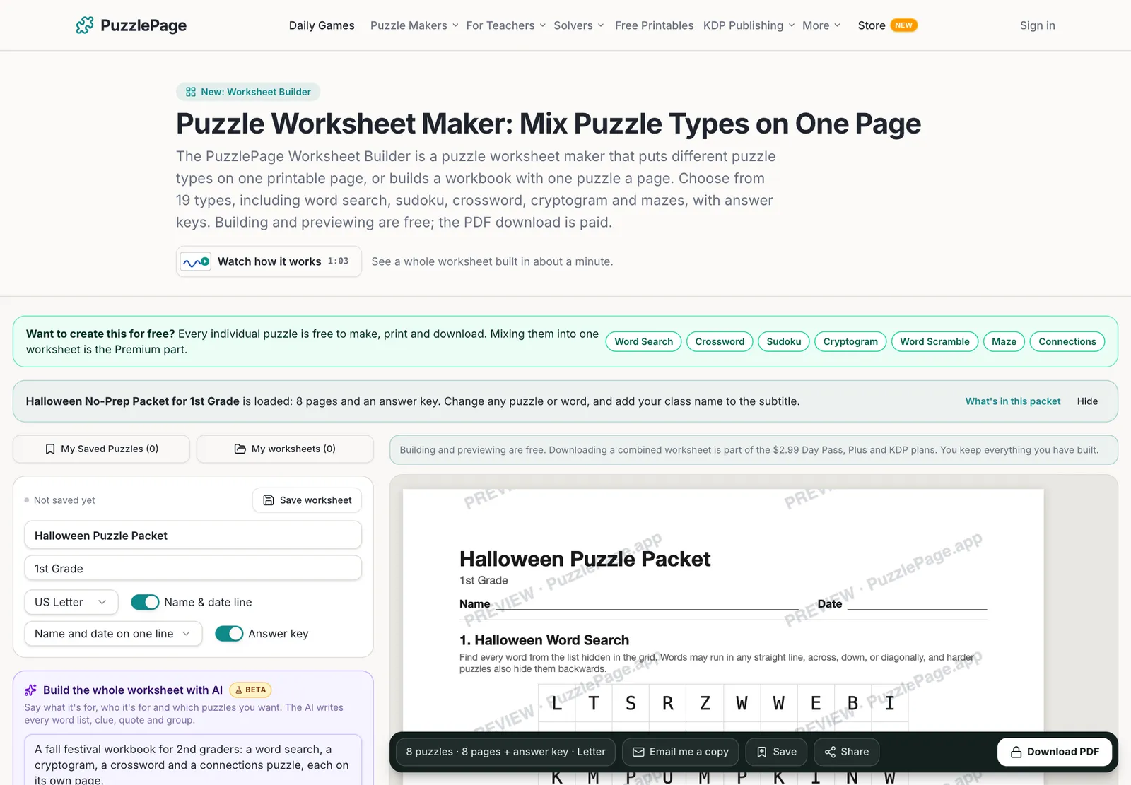 Halloween no-prep packet loaded in the Worksheet Builder, ready to edit and preview