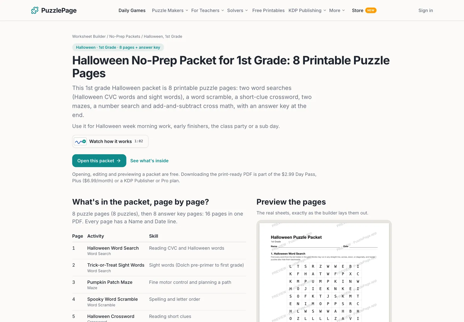 Halloween no-prep packet for 1st grade with eight printable puzzle pages and skills