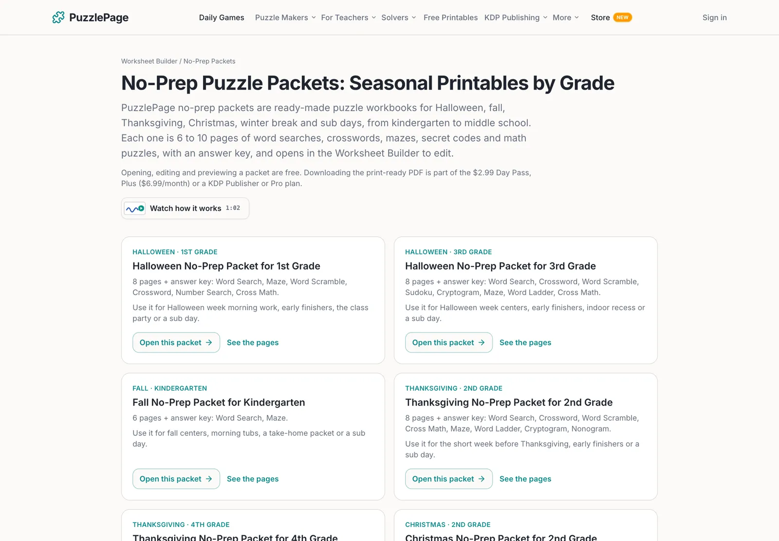 no-prep packets page listing Halloween, Thanksgiving, Christmas and sub day puzzle packets by grade