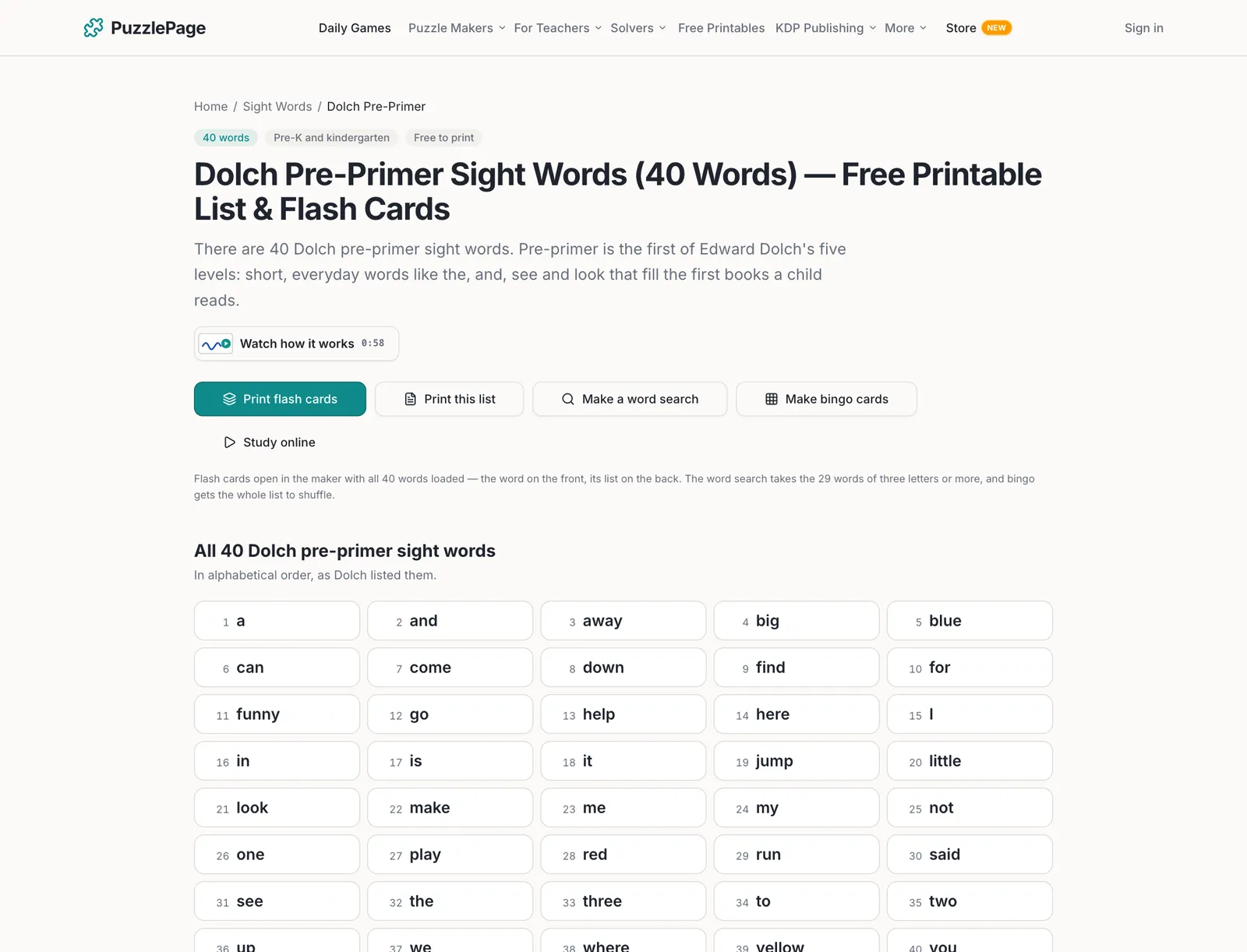 sight words by grade page for the 40 Dolch pre-primer words with print buttons