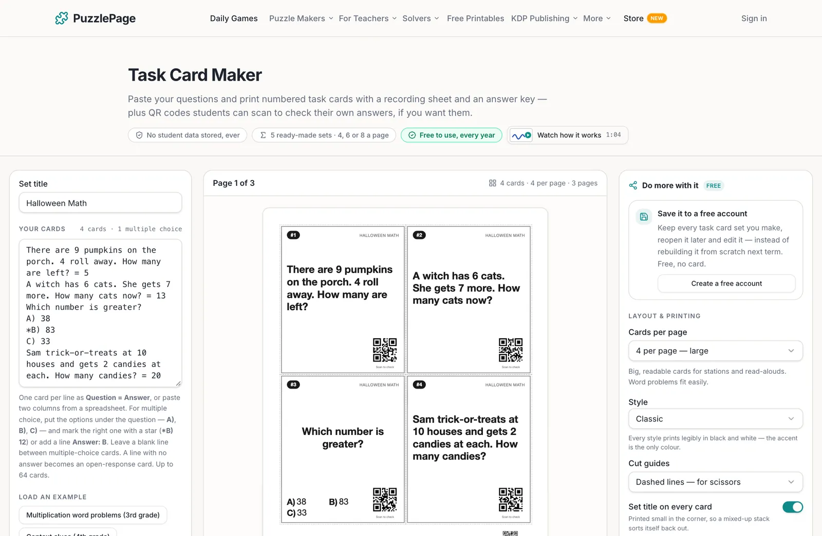task card maker with four Halloween math task cards, each with a QR self-check code