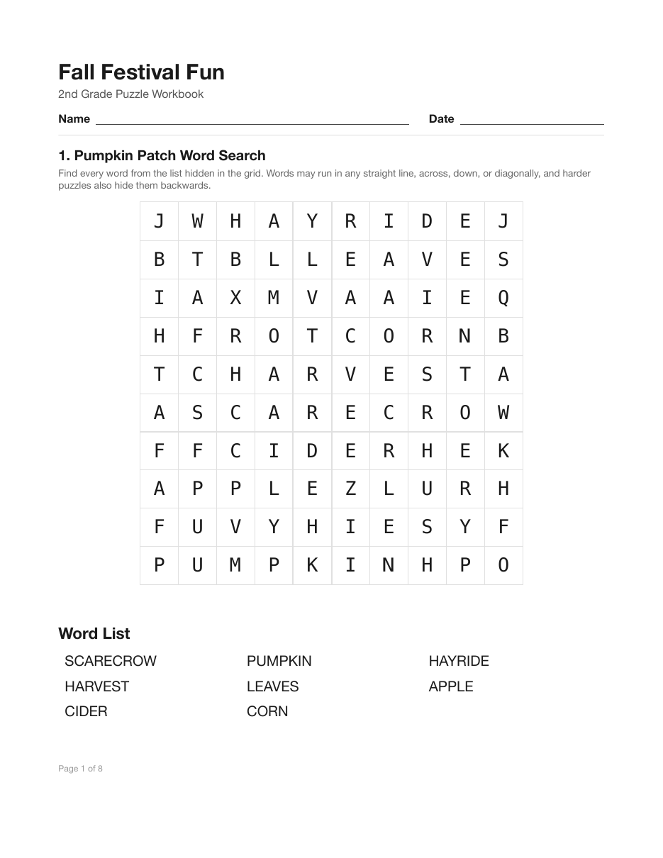 fall puzzle worksheets page one: pumpkin patch word search with fall words for 2nd grade