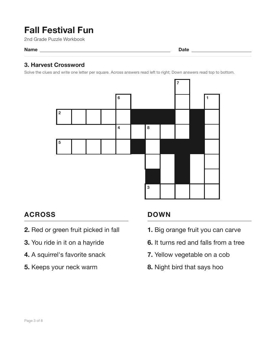 ai puzzle workbook crossword page with fall festival clues for 2nd grade and a name and date line