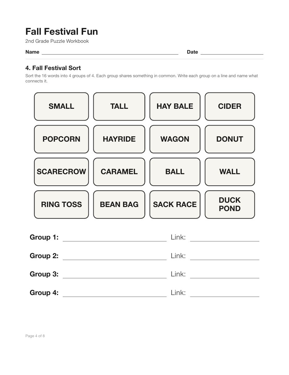 fall puzzle worksheets Connections page with 16 fall festival tiles to sort into four groups