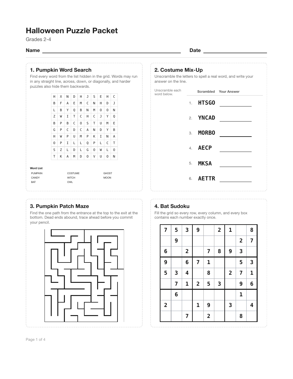 halloween puzzle worksheet with a pumpkin word search, costume word scramble, pumpkin patch maze and bat sudoku on one page