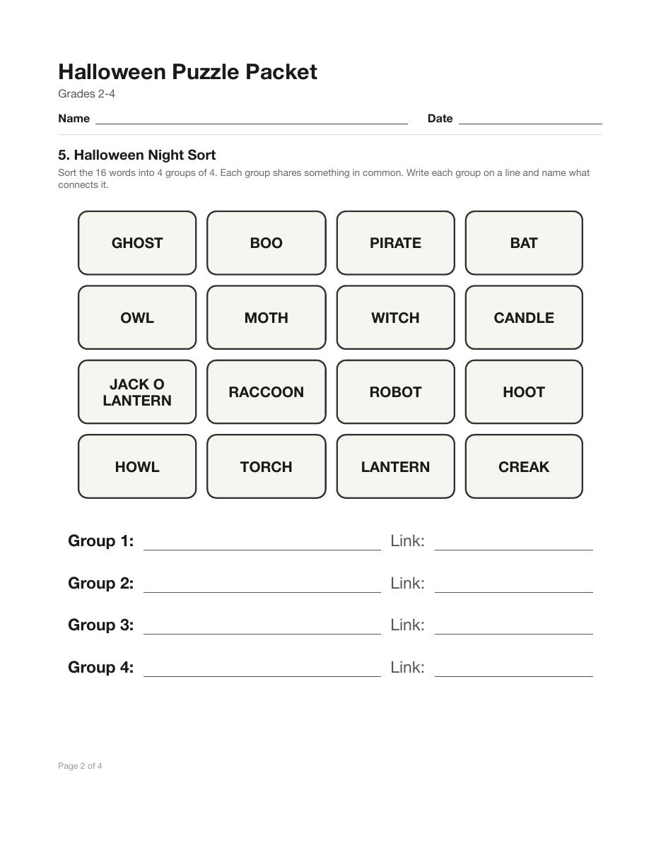 halloween puzzle worksheet bonus page with a Connections sort of costumes, sounds, night animals and lanterns