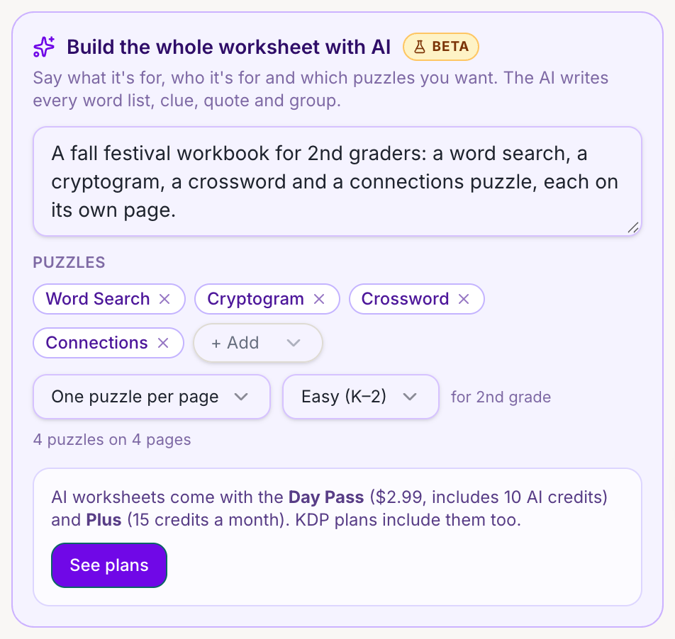 ai puzzle workbook panel showing a fall festival prompt for 2nd graders, puzzle chips and a 4 credit build button