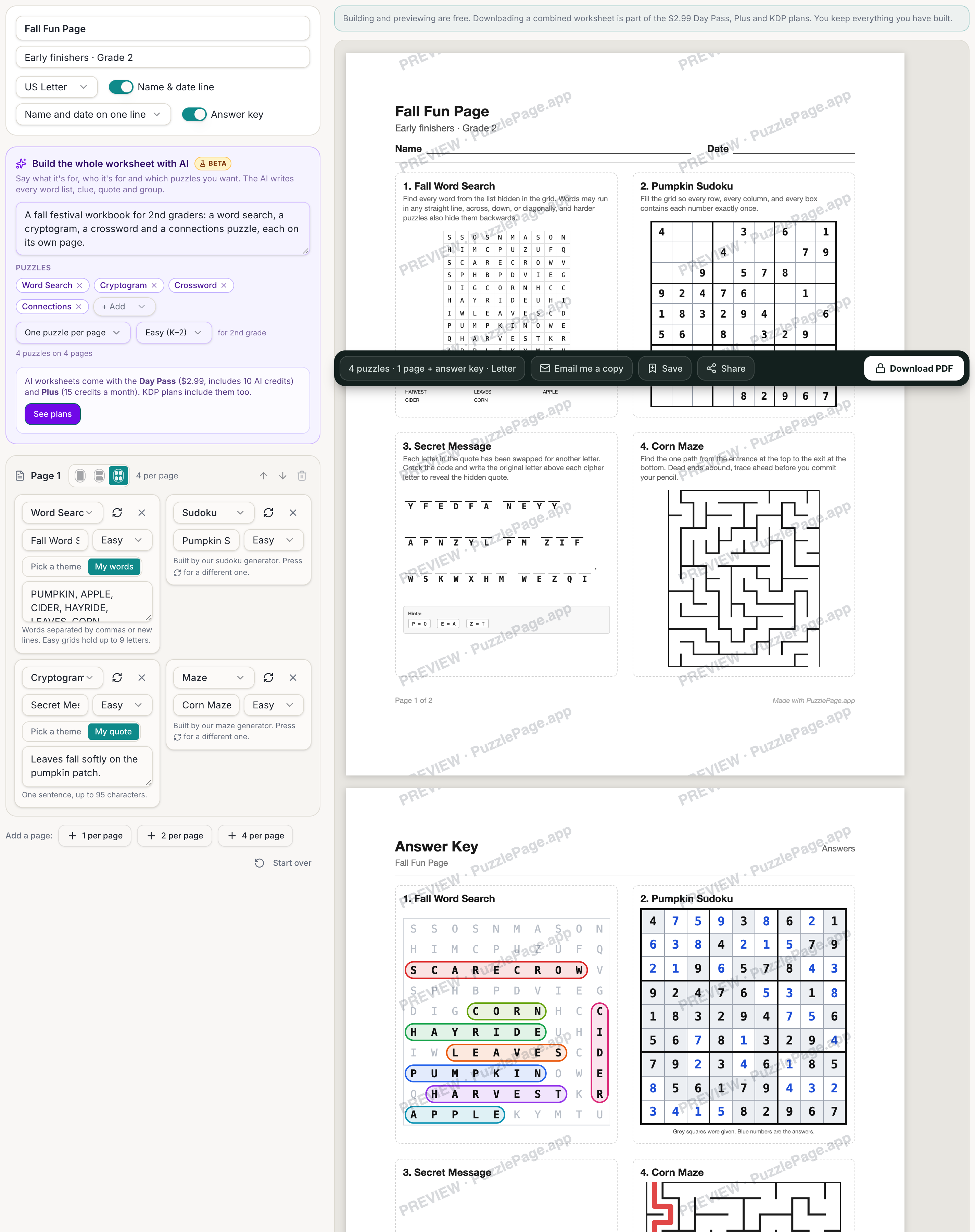 worksheet builder with a word search, sudoku, cryptogram and maze on one printable page and a live print preview
