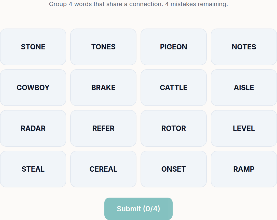 Connections Unlimited — a free endless word-grouping game where you sort 16 words into 4 hidden groups